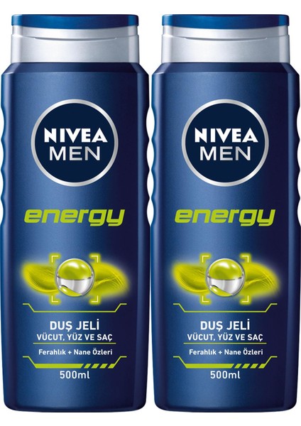 Men Energy Duş Jeli 3'ü 1 Arada Ferahlatıcı 500 ml x2 Erkekler İçin