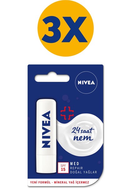 NIVEA Dudak Bakım Kremi Med Repair x3 Adet,Doğal Yağlar ile 24 Saat Nemlendirme,SPF15 Güneş Koruyucu