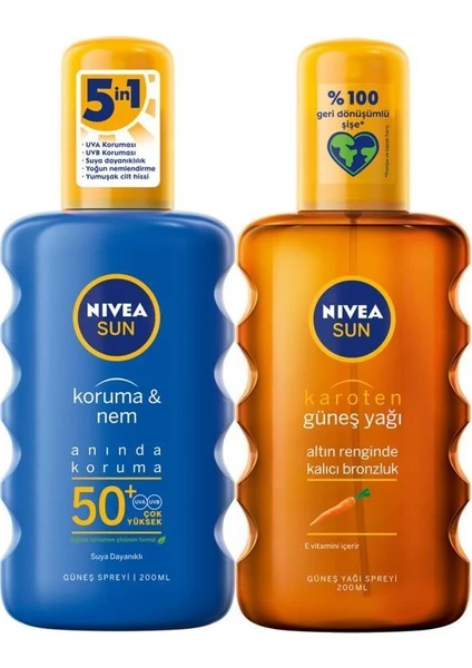 Nıvea Koruma Nemlendirici Güneş Spreyi SPF50+ 200ml + Nıvea Karoten Güneş Yağı 200 ml Sprey