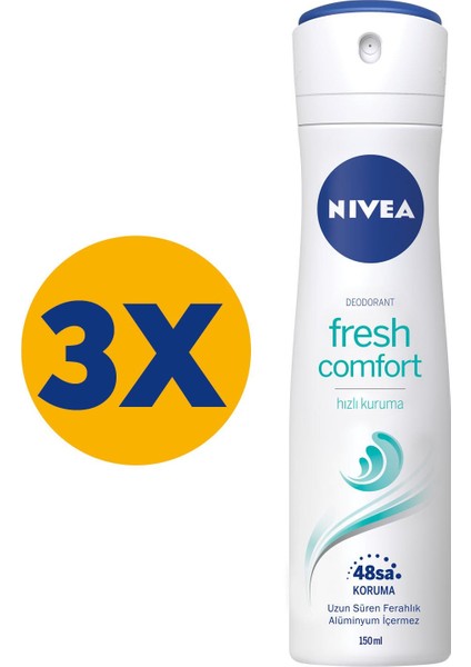 Fresh Comfort Kadın Sprey Deodorant 150 ml x3 Adet,48 Saat Koruma,Hızlı Kuruma