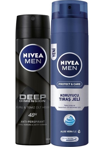 Men Deep Dimension Erkek Sprey Deodorant 150 ml + Nivea Men Protect&Care Koruyucu Tıraş Jeli 200 ml