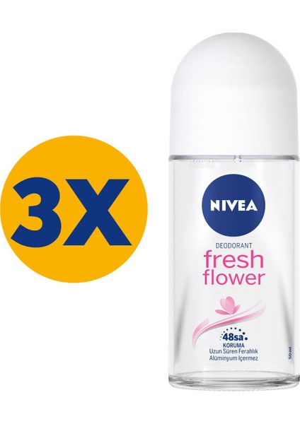 Kadın Roll On Deodorant Fresh Flower 48 Saat Koruma 50 ml x3 Adet ,Taze Çiçek Kokusu