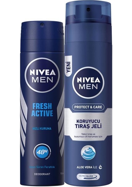 Men Fresh Active Erkek Sprey Deodorant 150 ml + Nivea Men Protect&Care Koruyucu Tıraş Jeli 200 ml
