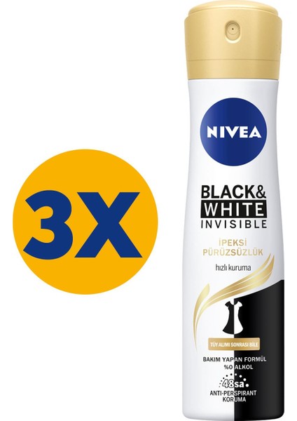 Kadın Sprey Deodorant Black&White Invisible Ipeksi Pürüzsüzlük 48 Saat Koruma 150ml x3 Adet