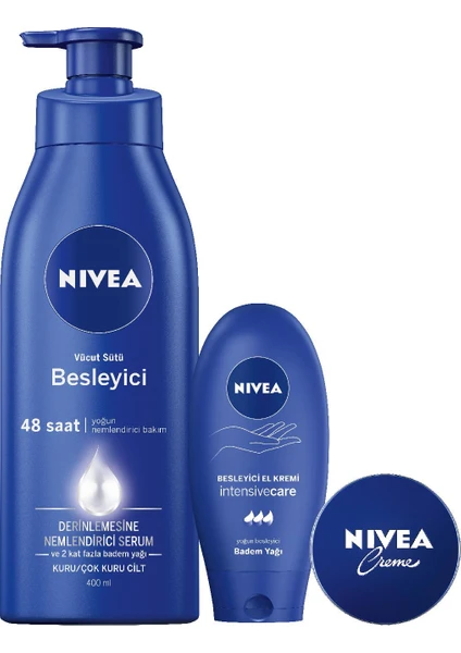 Besleyici Vücut Sütü 400 ml + Nivea Besleyici ve Derinlemesine Bakım El Kremi 75 ml + Nivea Krem 30 ml