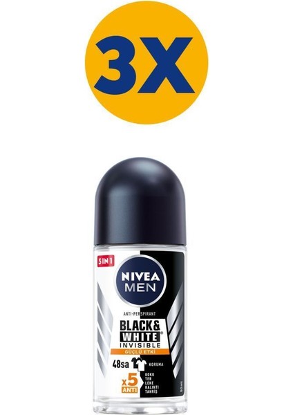 Men Black & White Invisible Güçlü Etki Erkek Roll On Deodorant 50 ml x3 Adet,48 Saat Anti-perspirant Koruma