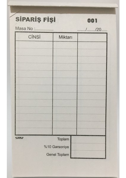 Tek Nüsha Adisyon Sipariş Fişi 80 Cilt 15 x 9 cm