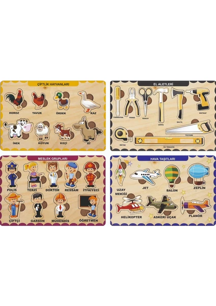 4 Adet Ahşap Bul Tak Eğitici Yapboz Puzzle Seti 1