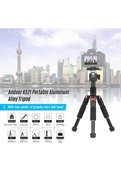 K521 Mini Top Başlı Taşınabilir 5 Bölümlü Uzatılabilir Tripod