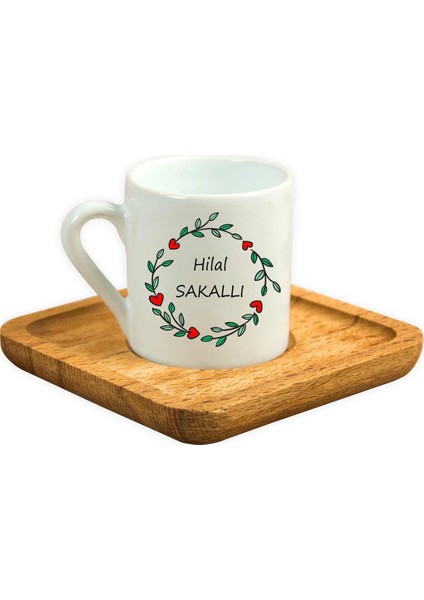 Isme Özel Ahşap Tepsili Kırmızı Kalpli Çerçeveli Kahve Fincanı