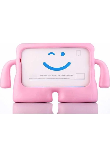 Samsung Galaxy Tab E T560/T562 9.6 Kılıf Emoji Standlı Silikon Tablet Kılıfı + Dokunmatik Kalem Açık Pembe