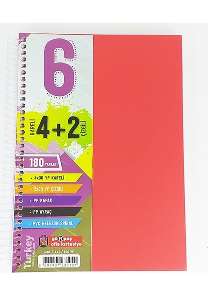 4 Kareli + 2 Çizgili Ayraçlı Defter 180 Yaprak Kırmızı
