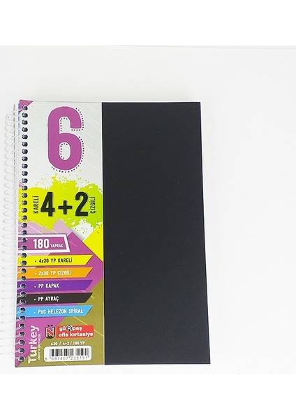 4 Kareli + 2 Çizgili Ayraçlı Defter 180 Yaprak Siyah