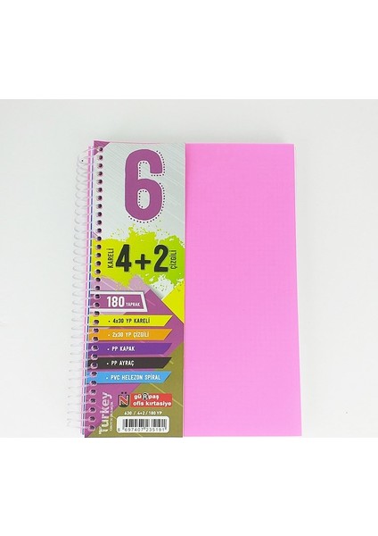 4 Kareli + 2 Çizgili Ayraçlı Defter 180 Yaprak Pembe