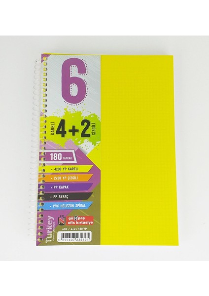 5 Kareli + 2 Çizgili Ayraçlı Defter 210 Yaprak Sarı