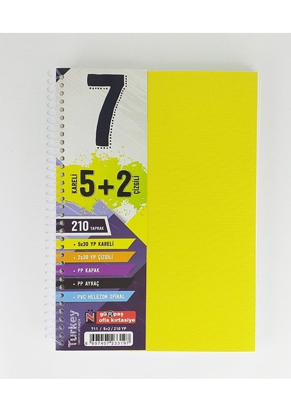 5 Kareli + 2 Çizgili Ayraçlı Defter 210 Yaprak Sarı