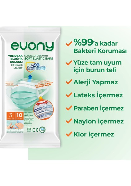 Evony Yumuşak Elastik Kulaklı Maske 10'lu x 5 Paket (50 Adet)