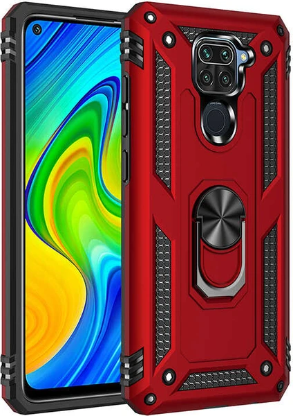 Case 4U Xiaomi Redmi Note 9 Kılıf Çift Katmanlı Yüzüklü Manyetik Vega Kapak Kırmızı