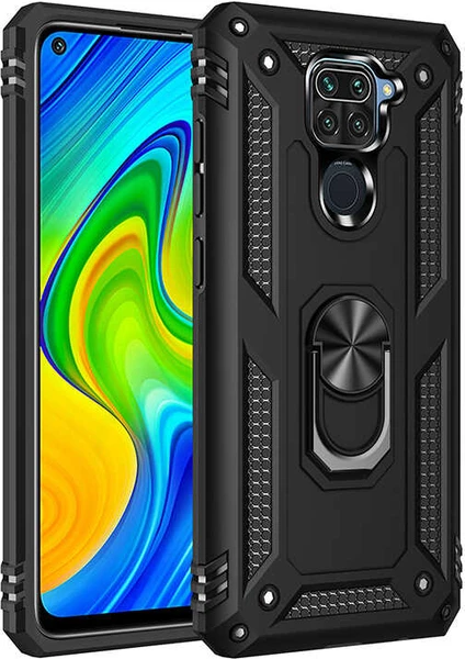 Case 4U Xiaomi Redmi Note 9 Kılıf Çift Katmanlı Yüzüklü Manyetik Vega Kapak Siyah