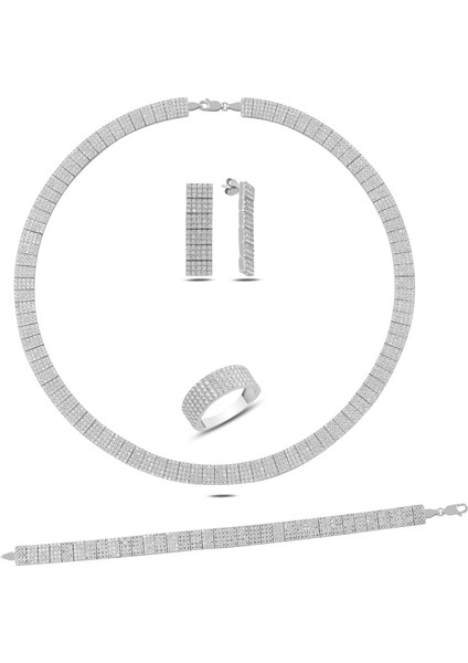 Barış Takı 925 Ayar Gümüş 5 Sıra Tam Tur Su Yolu Kolye Bileklik Küpe Yüzük Düğün Seti