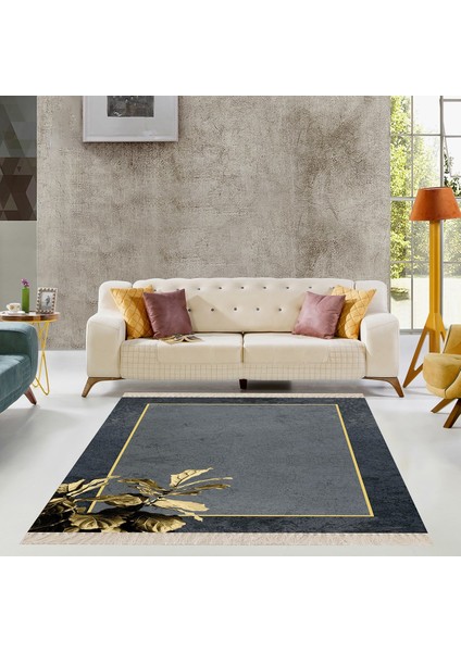 Gold Altın Sarısı Yaprak Desenli Gold Çerçeveli Dijital Baskı Yıkanabilir Modern Salon Halı Yolluk