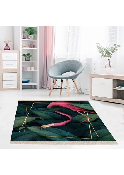Yeşil Yaprak Flamingo Desen Gold Çerçeveli Etnik Dijital Baskı Yıkanabilir Modern Salon Halı Yolluk