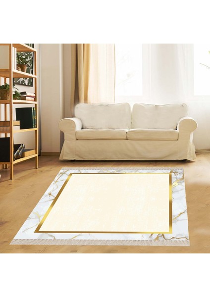 Mermer Desenli Gold Çerçeveli Dijital Baskı Yıkanabilir Modern Salon Halı ve Yolluk