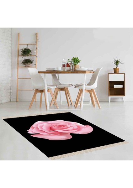 Siyah Zemin Pembe Gül Desenli Dijital Baskı Yıkanabilir Modern Salon Halısı ve Yolluk
