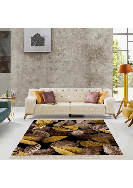 Siyah Zemin Gold Yaprak Desenli Dijital Baskı Yıkanabilir Modern Salon Halısı Yolluk