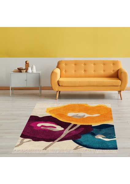 Renkli Gelincik Çiçek Desenli Etnik Dijital Baskı Yıkanabilir Modern Salon Halı ve Yolluk