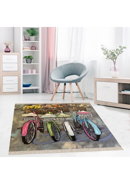 Bisiklet Desenli Mesajlı Dijital Baskı Yıkanabilir Modern Salon Halı ve Yolluk