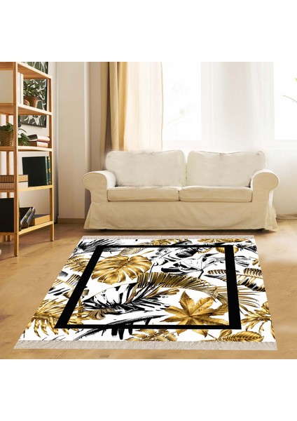 Altın Sarısı Gold Yaprak Desenli Dijital Baskı Yıkanabilir Tropikal Desenli Salon Halı ve Yolluk