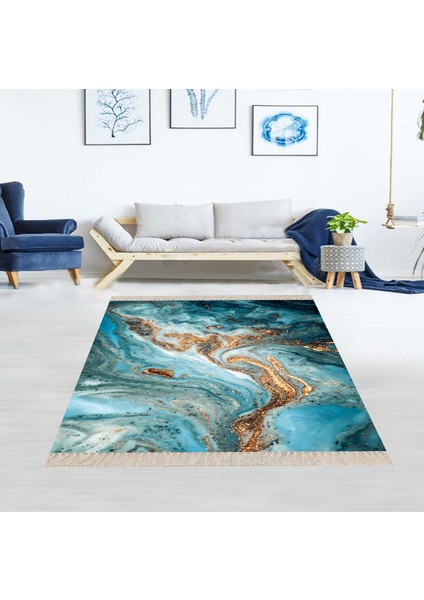 Gold Detaylı Okyanus Esintili Dijital Baskı Yıkanabilir Modern Salon Halı