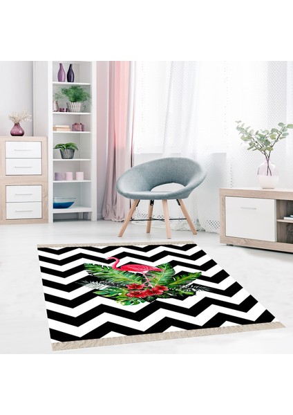 Flamingo Zigzag Desenli Etnik Dijital Baskı Yıkanabilir Modern Salon Halı ve Yolluk