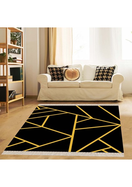 Gold Çizgili Geometrik Desenli Dijital Baskı Yıkanabilir Modern Salon Halı ve Yolluk (Siyah)