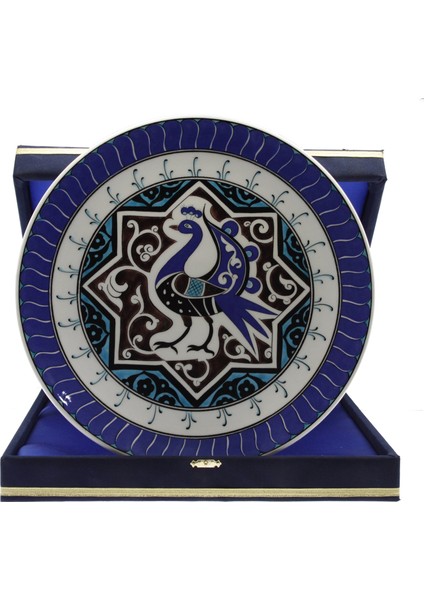 Otantik Çini Selçuklu Yıldızı Içinde Cennet Kuşu Dekorlu Kurumsal Kadife Kutulu 30CMTABAK