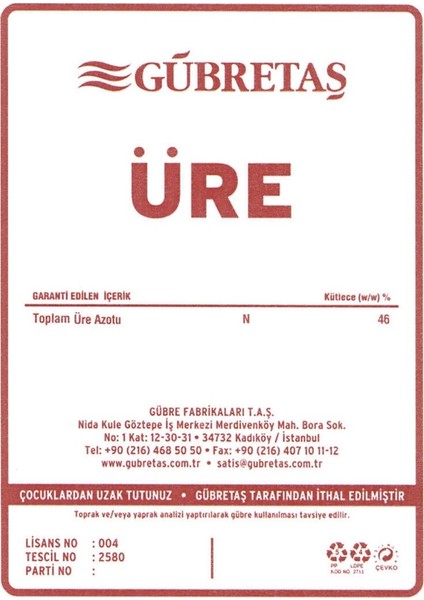 Beyaz Inci Üre %46 Kimyasal Azot Granül Gübresi 50 kg