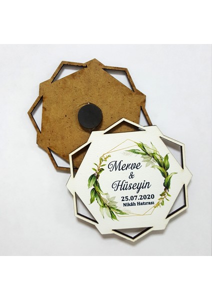 Altıgen Ahşap Uv Baskılı 50'li Magnet Nikah Süsü