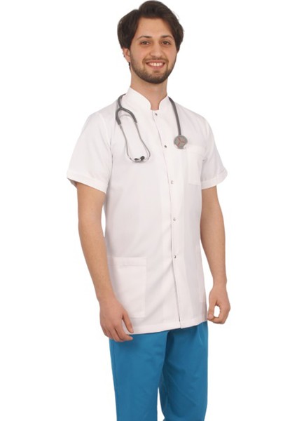 Doktor Erkek Beyaz Hakim Kısa Kol Önlük Alpaka Uniforma