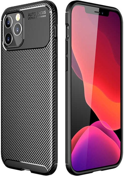 Apple iPhone 12 Max (6.1'') Kılıf Karbon Desenli Lux Negro Silikon Siyah + Tam Kaplayan 5D Cam Ekran Koruyucu