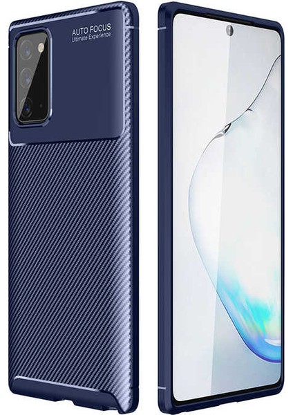 Samsung Galaxy Note 20 Kılıf Karbon Desenli Lux Negro Silikon Lacivert + Tam Kaplayan 3D Cam Ekran Koruyucu