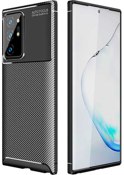 Samsung Galaxy Note 20 Ultra Kılıf Karbon Desenli Lux Negro Silikon Siyah + Tam Kaplayan Pet Ekran Koruyucu