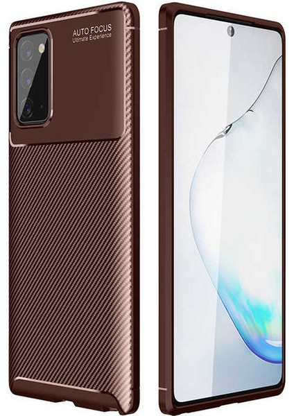 Samsung Galaxy Note 20 Kılıf Karbon Desenli Lux Negro Silikon Kahverengi + Tam Kaplayan Pet Ekran Koruyucu