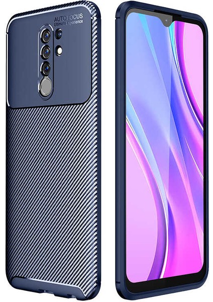 Xiaomi Redmi 9 Kılıf Karbon Desenli Lux Negro Silikon Lacivert + Tam Kaplayan 5D Cam Ekran Koruyucu