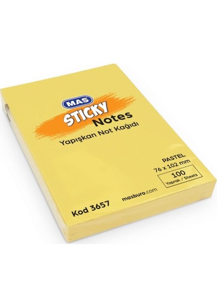 Mas 3657 Yapışkanlı Not Kağıdı 100 Sayfa 76 mm x 102 mm Pastel Sarı