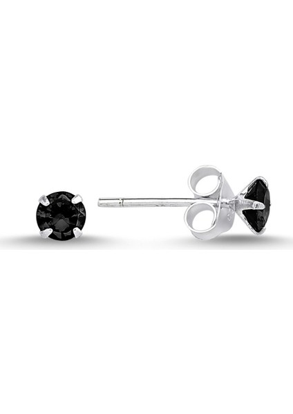 4 mm Yuvarlak Siyah Zirkon Tektaş Gümüş Küpe