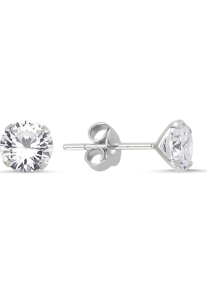 6 mm Yuvarlak Zirkon Tektaş Gümüş Küpe