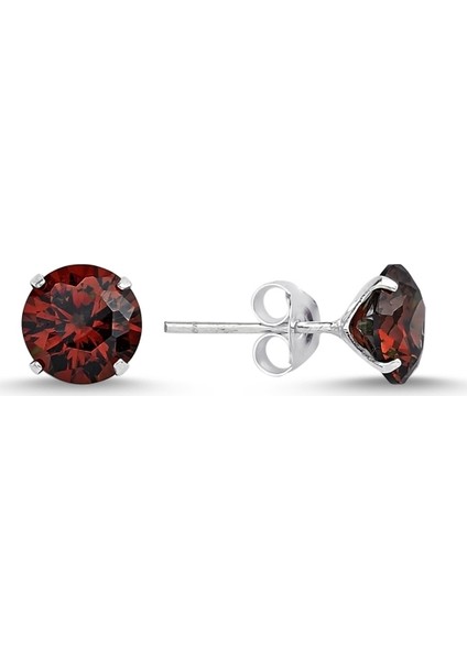7 mm Yuvarlak Garnet Zirkon Tektaş Gümüş Küpe