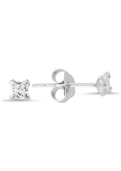 3 mm Kare Zirkon Tektaş Gümüş Küpe