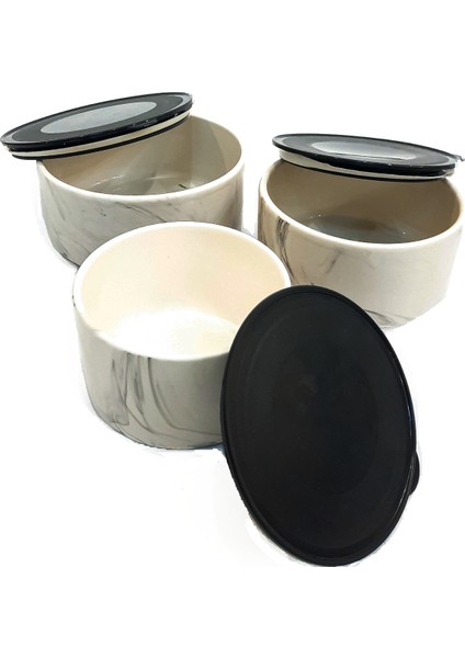 Seramik Mermer Desenli 3'lü Saklama Kabı